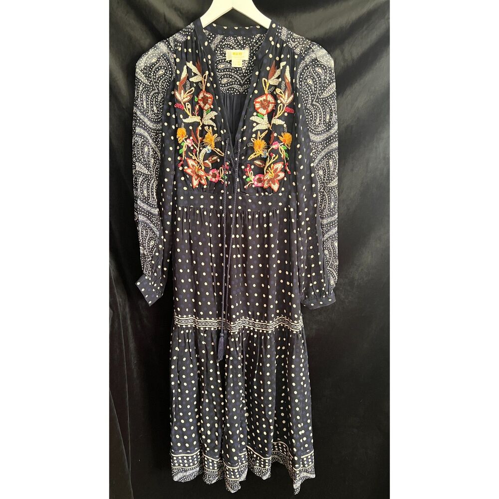 Maeve Casssidy Embroidered Floral Sheer Sleeves Midi Anthropologie Dress Size 0